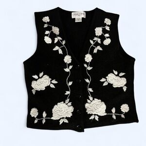 Casual Corner Black Vest with Cream Floral Embroidery